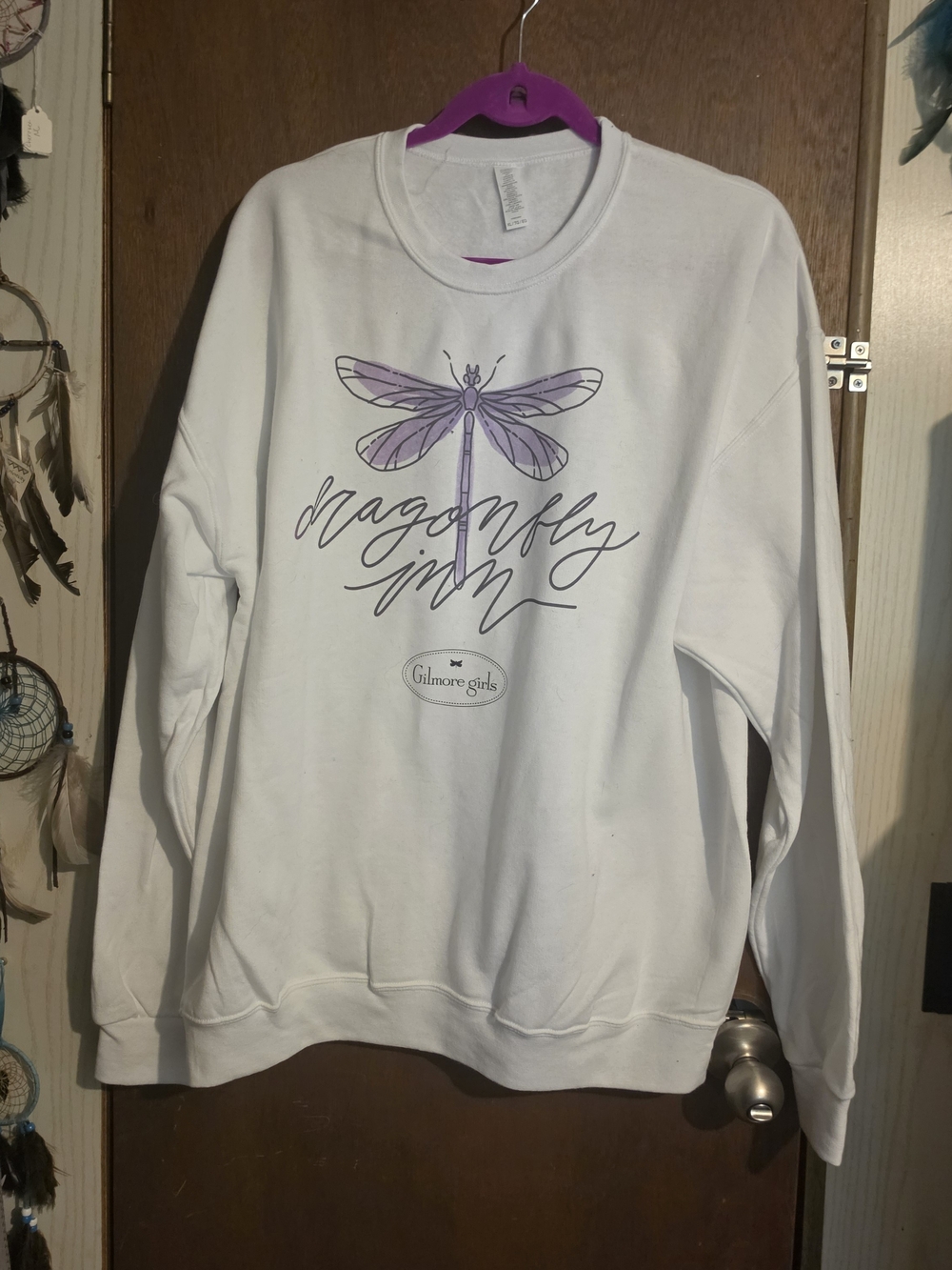 Target White Gilmore Girls Sweatshirt with Purple Dragonfly Graphic - Picture 2 of 5